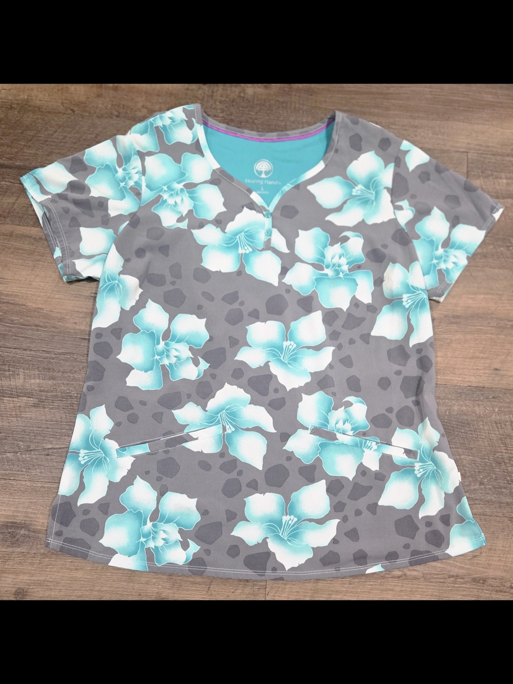 Healing Hands Floral V-Neck Teal and Gray Scrubs Uniform Nurse